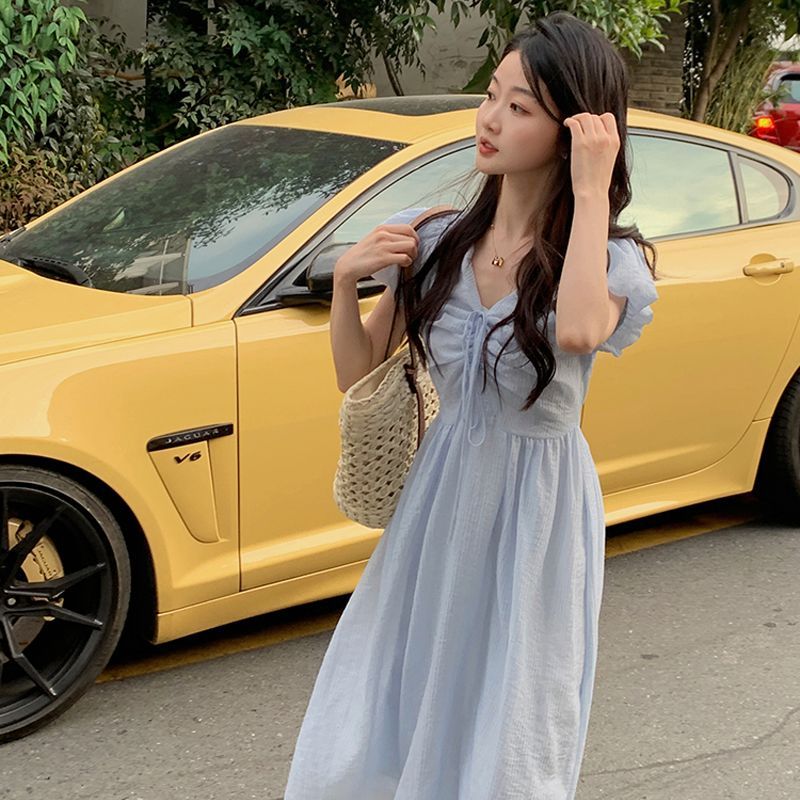 Korean chic summer French gentle temperament drawstring v-neck puff short sleeves high waist big fairy dress for women