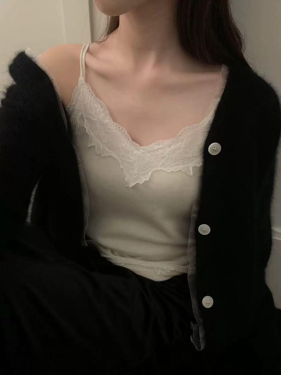 非實拍 蕾絲拼接吊帶背心新款女內搭外穿針織上衣V領打底衫潮