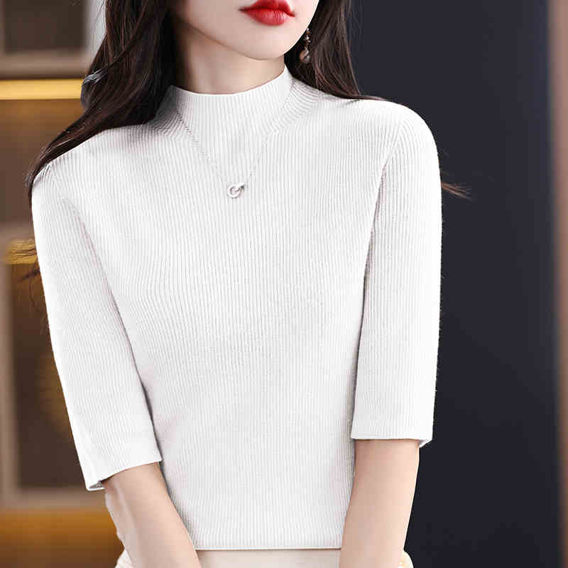 Spring and Autumn Half-high neck knitted short-sleeved women's slim versatile T-shirt five-point sleeve top 2025 new base shirt half-sleeved