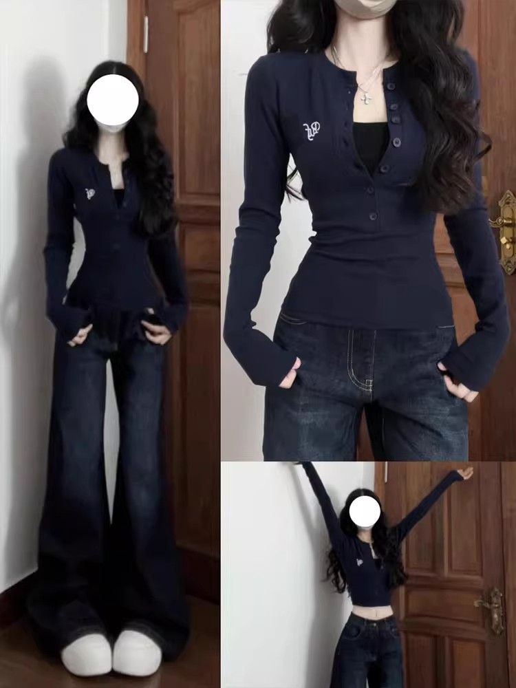 1*1 A casual American hot girl half-open collar base shirt for women with high-end sexy hot girl slim long-sleeved T-shirt top