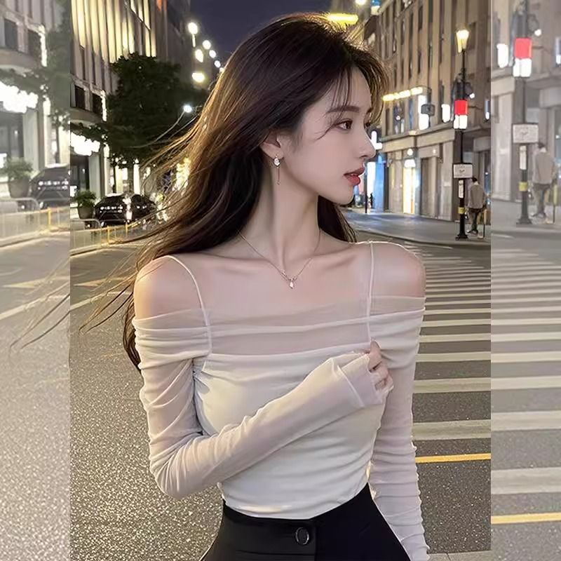 Original workmanship pure and sexy hot girl mesh one-shoulder top female spring temperament celebrity design slim base shirt