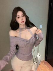 Real shot of pure lace halter neck off-shoulder temperament versatile long-sleeved T-shirt base top