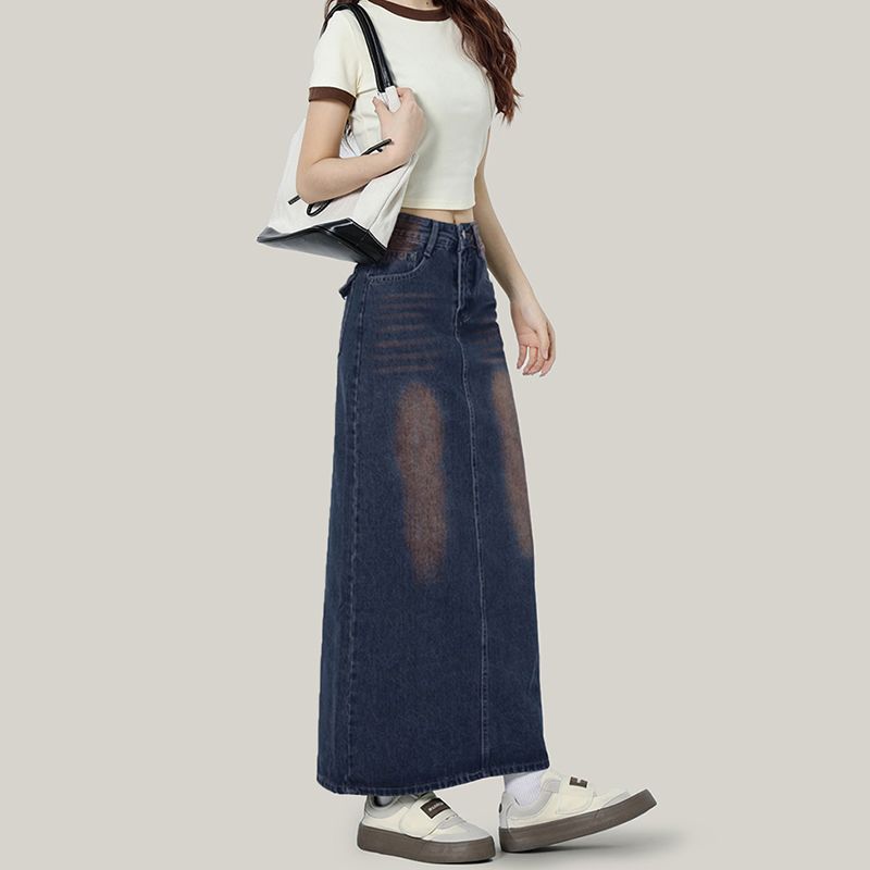 American retro high waist A-line denim skirt for women in spring and summer new slim water-washed hip-wrapped denim skirt