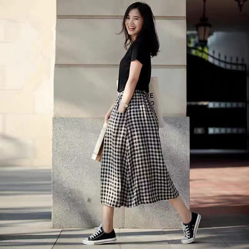 Cotton and linen plaid fabric Korean style Japanese fashionable skirt for women summer mid-length A-line skirt thin long skirt