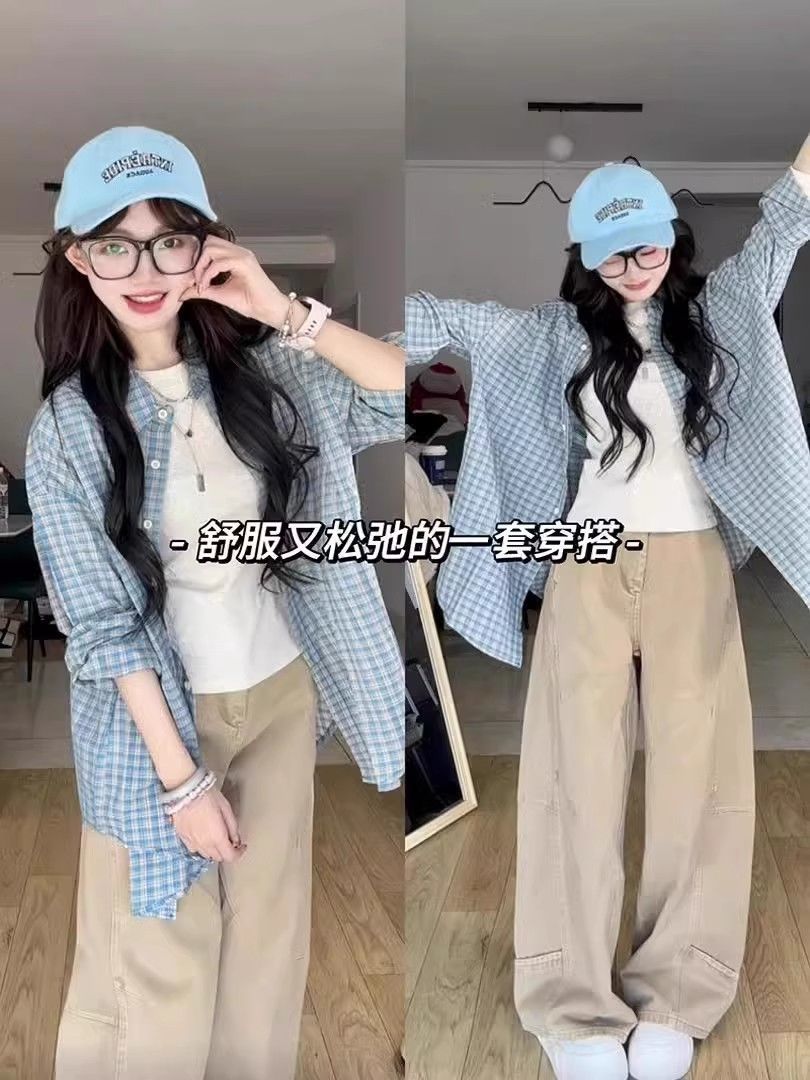 Korean lazy style blue plaid long-sleeved shirt top for female students spring new loose sunscreen shirt jacket