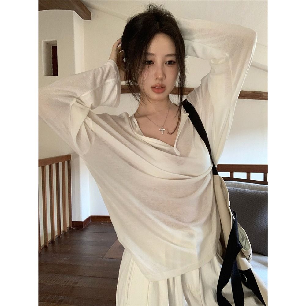 Sunshine Velvet Original Fabric Perspective Thin V-neck Long Sleeve T-shirt Women's Spring Loose Casual Sunscreen Shirt