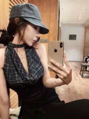 實拍辣妹復古格子網紗盪領掛脖背心修身顯瘦假兩件微喇叭長褲