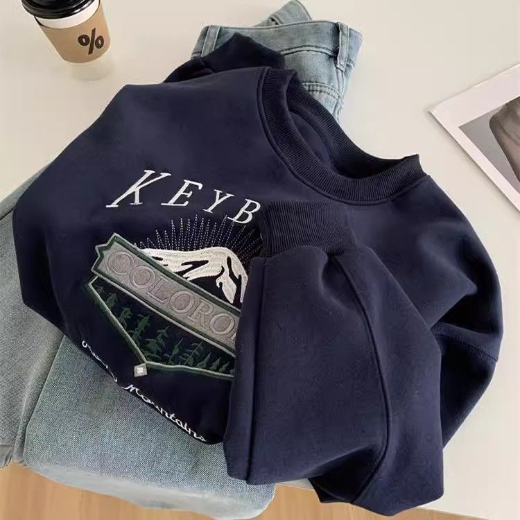 重工刺繡圓領套頭衛衣女寬鬆休閒減齡韓版春季顯瘦百搭學生上衣潮