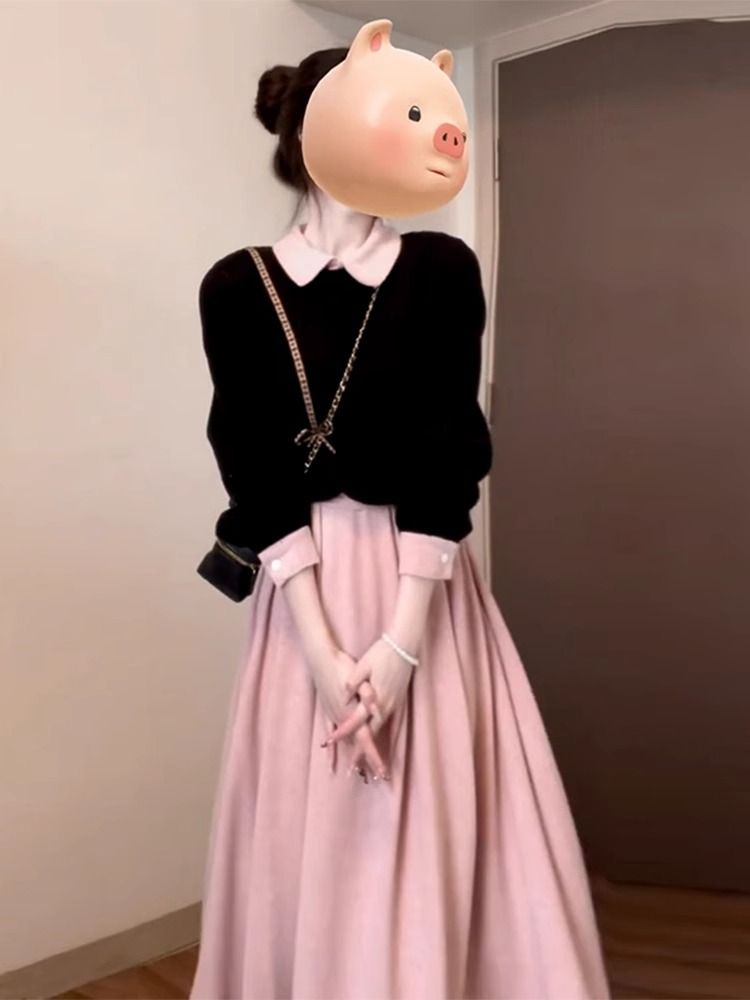 French high-end outfit a complete set of dresses with a small waist and slimming golden style pink vest dress