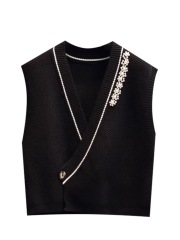 拼接珍珠一粒扣時尚馬甲女夏季新款法式獨特氣質上衣包芯紗