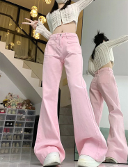 American retro pink micro-flare jeans for women's spring style high waist loose hot girl high street horseshoe wide-leg pants