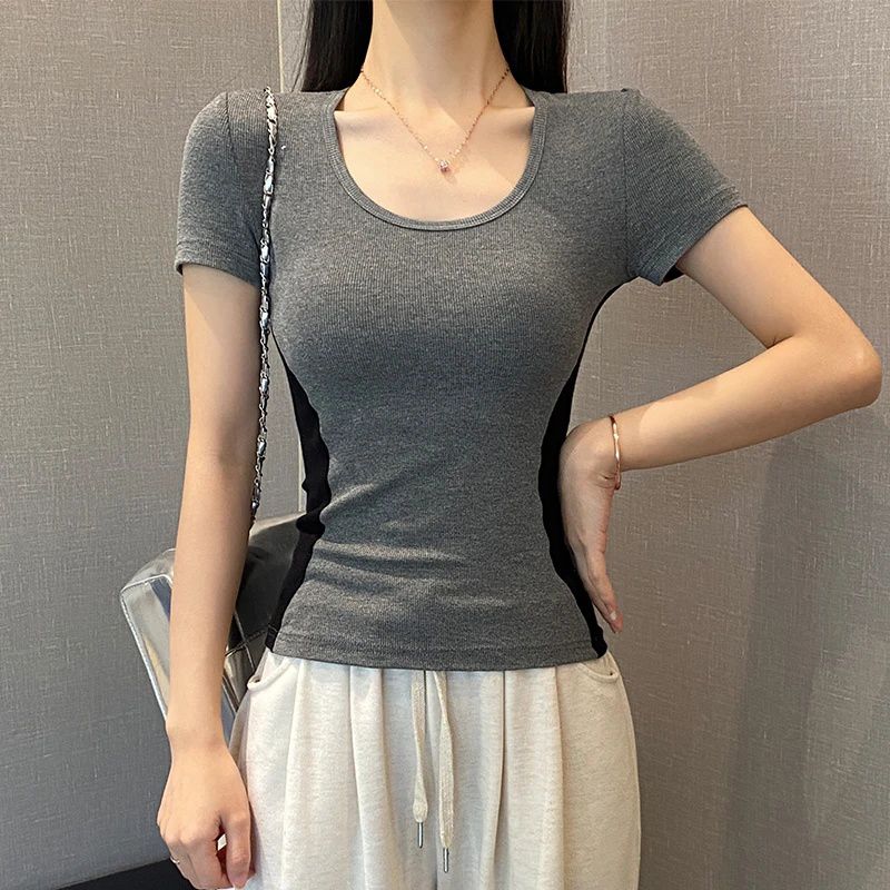 2025 new threaded round neck contrasting color short-sleeved T-shirt for women in spring and summer slim design and versatile U-neck slim top trendy