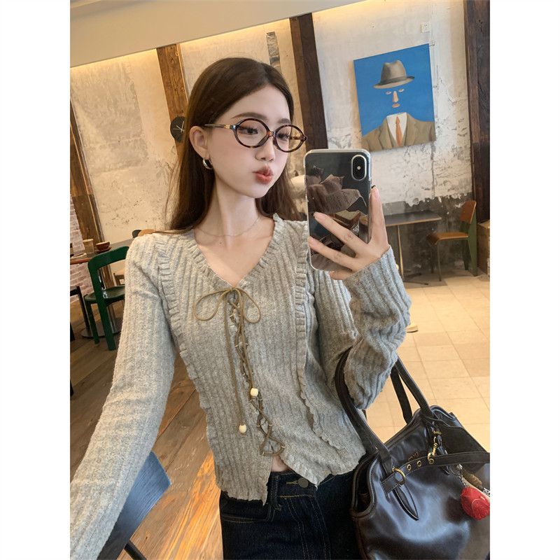 Original fabric cashmere pit strip sweet and spicy slim long-sleeved early autumn strap short V-neck long-sleeved top for women