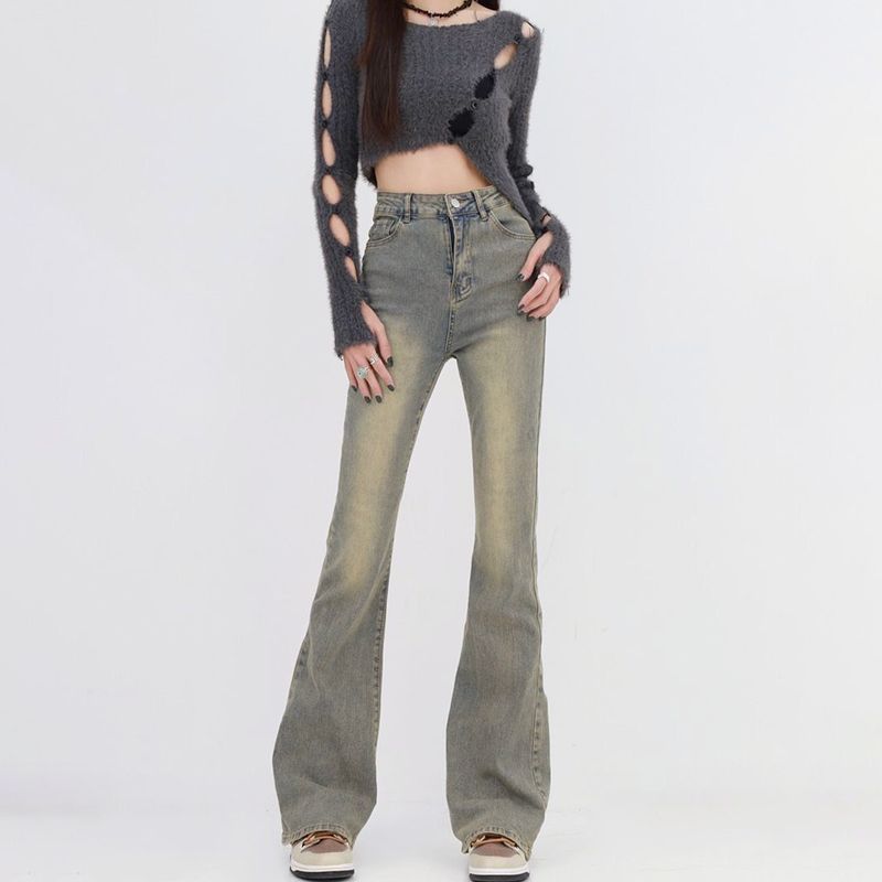 Street personality jeans for women in spring and autumn new style slim high waist slim and slim slightly flared horseshoe jeans trendy