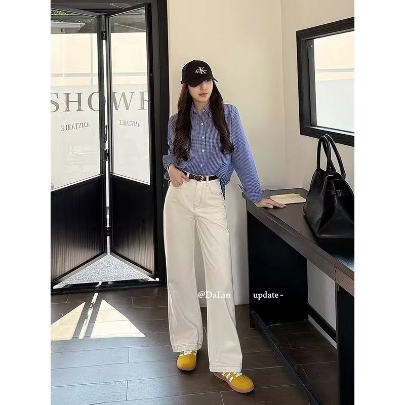 Off-white high-waist straight-leg jeans for women in spring and summer 2025 new style small loose washable wide-leg pants