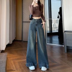All-match trendy and fashionable double button floor jeans for women in spring and autumn design high waist slimming wide-leg jeans
