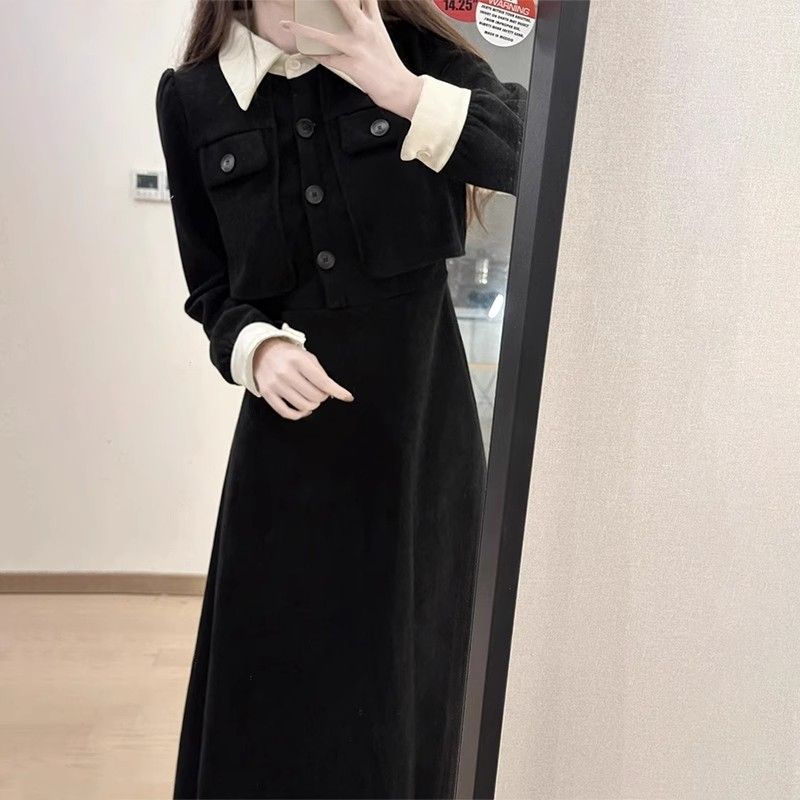 Corduroy composite thin mesh base black French long-sleeved dress for women's spring 2025 new temperament long skirt
