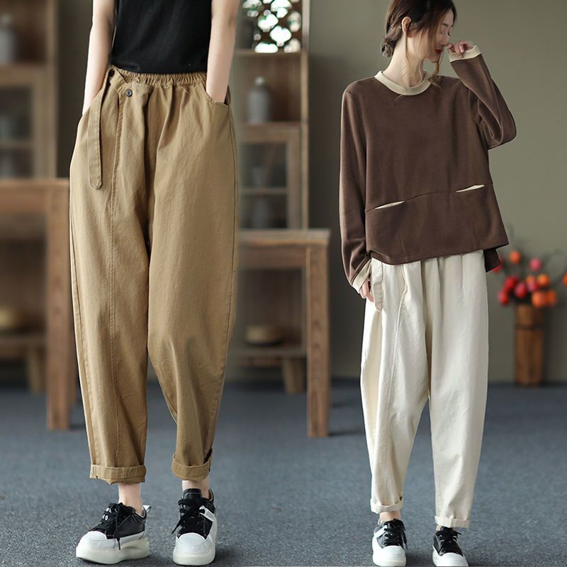 Spring and Autumn Pure Cotton Trousers Withdrawal Single Autumn Foreign Trade Women's Retro Cotton Dad Pants Elastic Waist Harem Pants Women