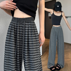 Real-shot striped knitted wide-leg pants for women in spring and summer drawstring elastic high waist slim and lazy draped casual floor pants