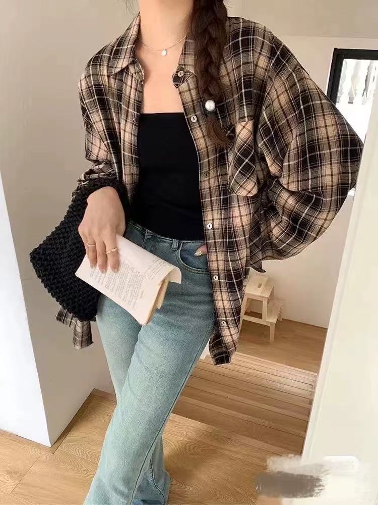 復古格子襯衫女韓版潮流春秋設計感薄款外套寬鬆慵懶風百搭襯衣服