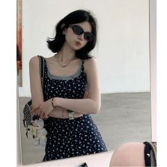 Original French trendy floral fake two-piece suspender dress for women's summer mid-length design versatile long skirt