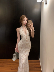 Real photo Lace dress for women new French V-neck vacation long skirt backpack hip skirt