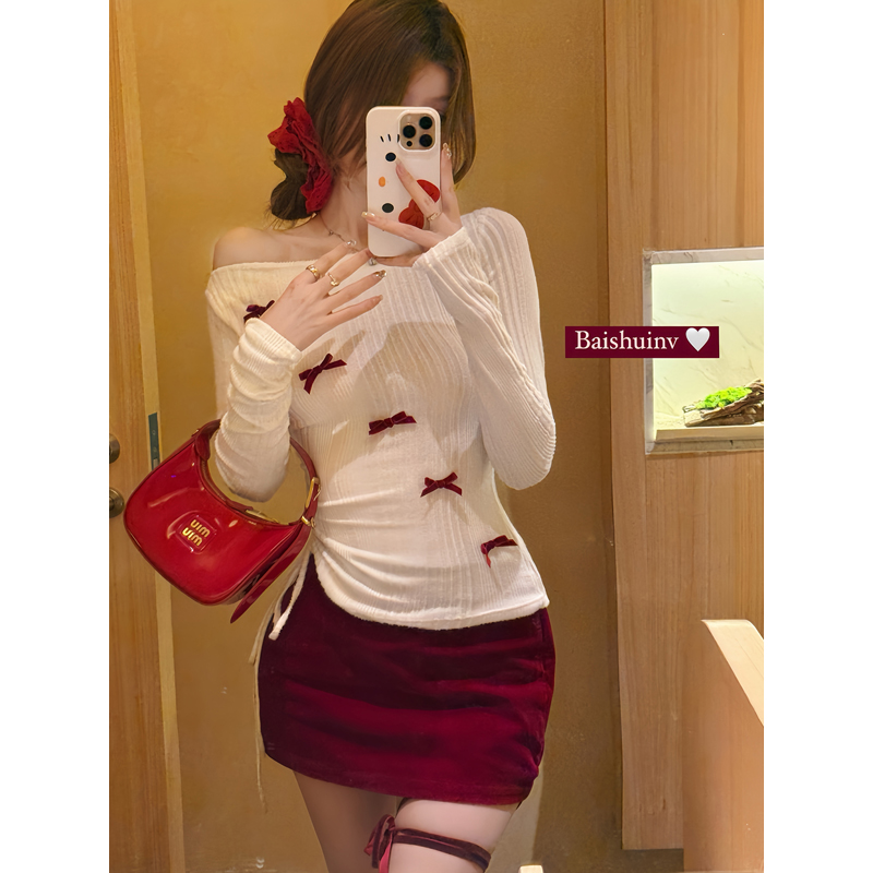 White one-shoulder beautiful knitted base shirt for women with spring bow off-shoulder inner sweater short off-shoulder top