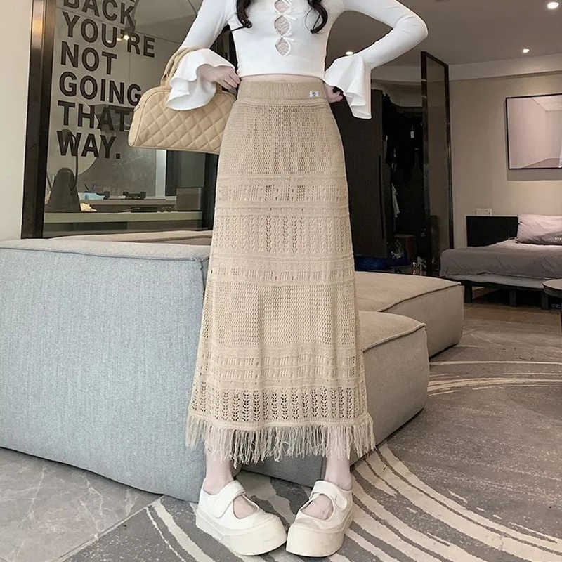 溫柔風鏤空流蘇半身裙女夏季新款復古高腰顯瘦直筒中長款裙子