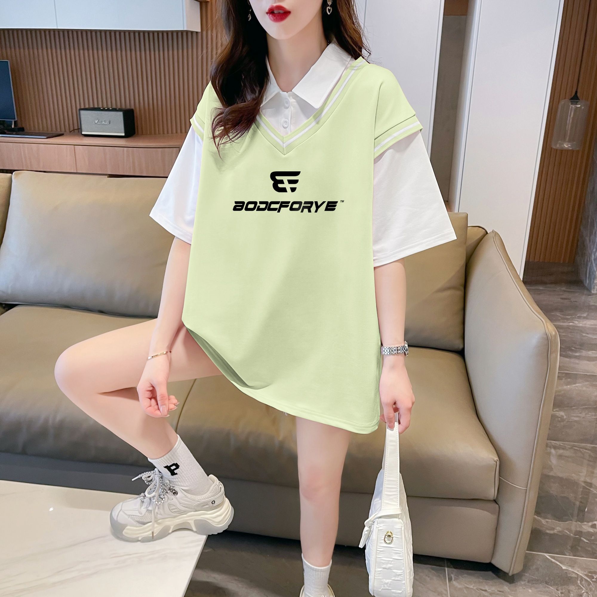 實拍 polo領假兩件T恤大碼女裝新款夏季洋氣減齡寬鬆短袖上衣潮