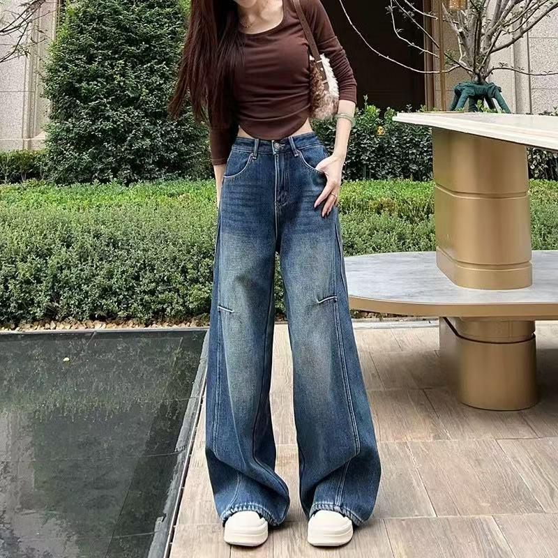 Personalized trendy water-washed wide-leg jeans for women in spring and autumn new high-waist loose retro Hong Kong style floor mopping jeans