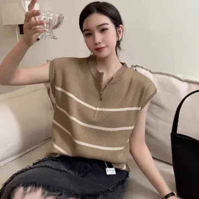 半拉鏈條紋針織坎肩短袖女春夏新款小個子韓系通勤穿搭氣質上衣女