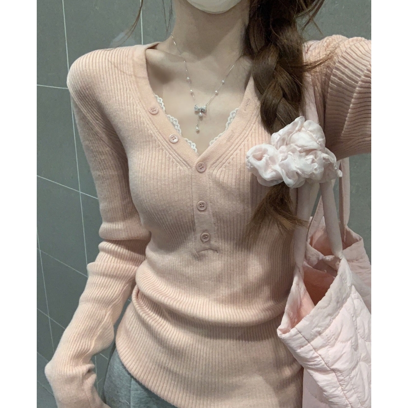 2025 spring slim-fitting little hot girl V-neck button sweater for women's textured inner top base sweater