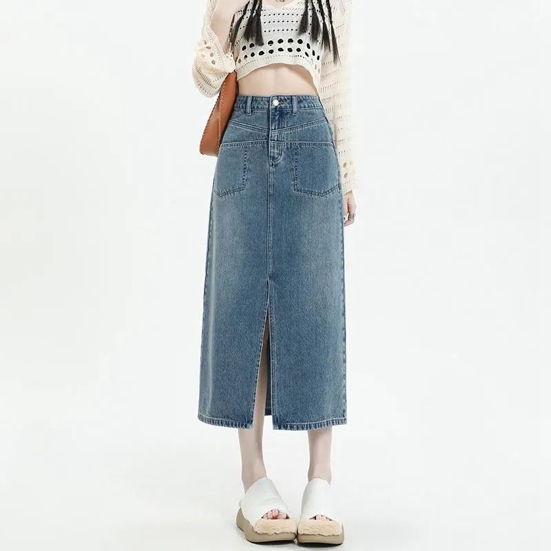 Korean denim skirt for women in spring and summer new high-waisted slim mid-length A-line hip denim skirt