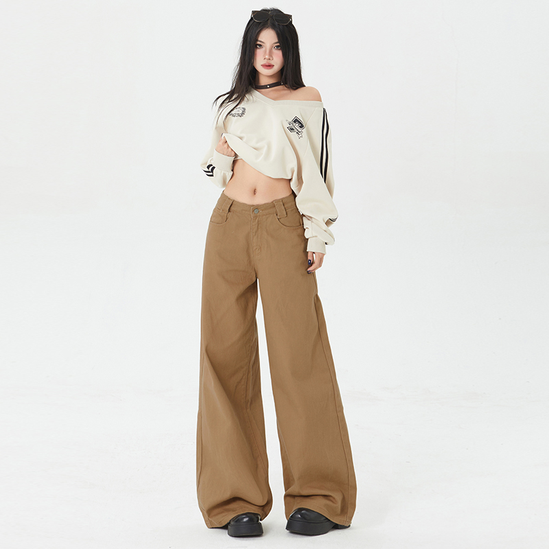 New favorite in spring and summer ~ Exclusive for small people!  High-end latte brown solid color loose wide-leg mid-waist floor jeans