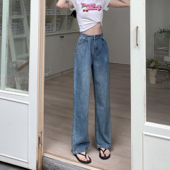 Real shot of 2025 summer Korean version of retro blue straight high waist draped floor wide-leg loose jeans for women