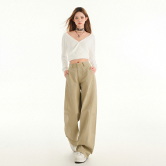 Three-dimensional tailoring ~ lazy Fengshen pants!  Khaki beige pants women's spliced ​​loose wide-leg straight trousers extended