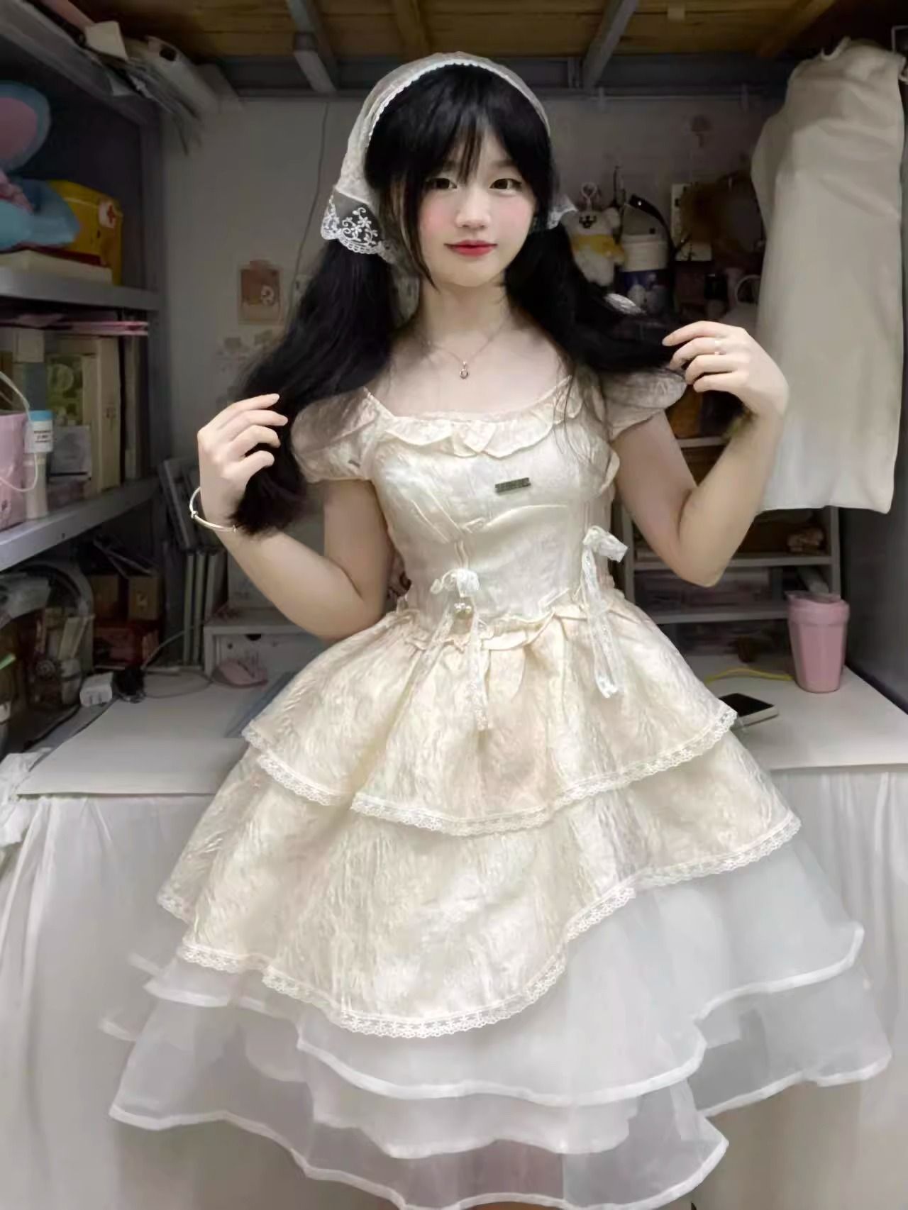 法式初戀泡泡袖連衣裙女夏季設計感蛋糕裙小個子收腰公主蓬蓬裙子
