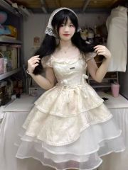 French-style first love bubble sleeve dress for women, summer design cake dress, petite size waist-cinching princess puffy dress