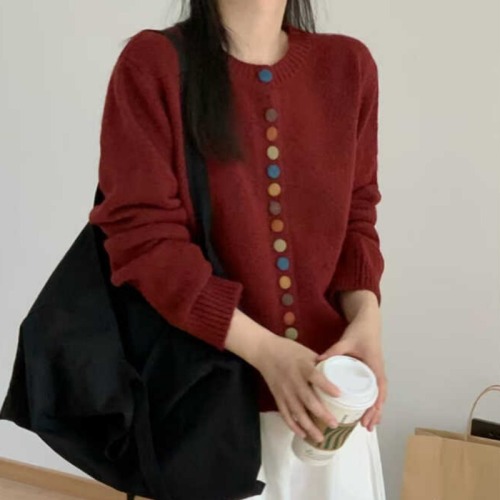Korean simple color button knitted cardigan for women 2024 autumn and winter new loose short high-end sweater top