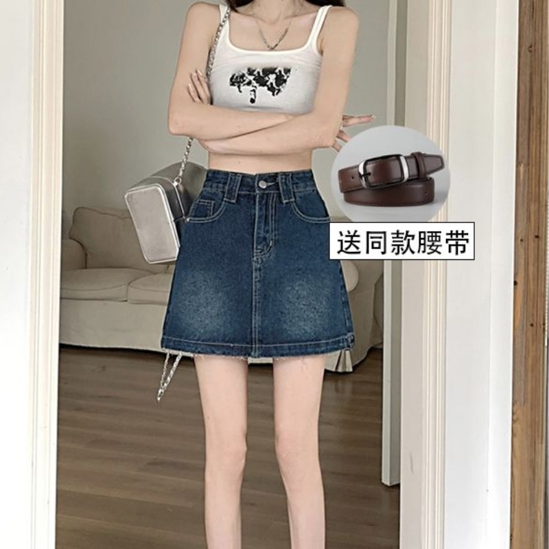 Personalized hot girl high waist denim skirt for women in spring and summer new rosted design A-line hip half-body denim skirt