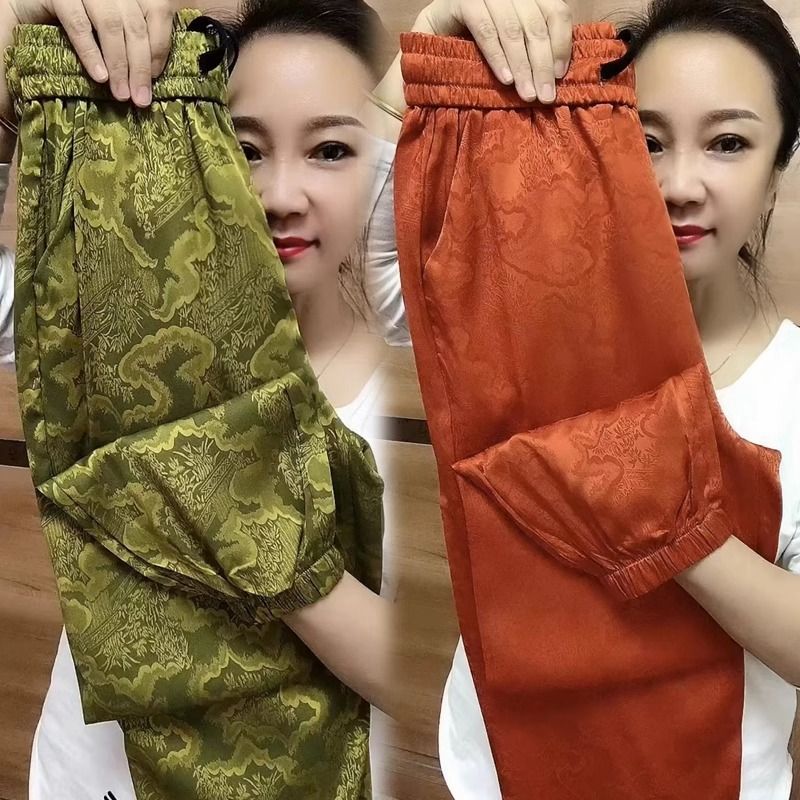 Ice silk casual pants for women 2025 summer new style tying pants thin cropped pants loose harem pants slim and cool pants