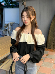 Real shot French retro one-shoulder splicing top for women sweet temperament ruffled long sleeve shirt chiffon shirt