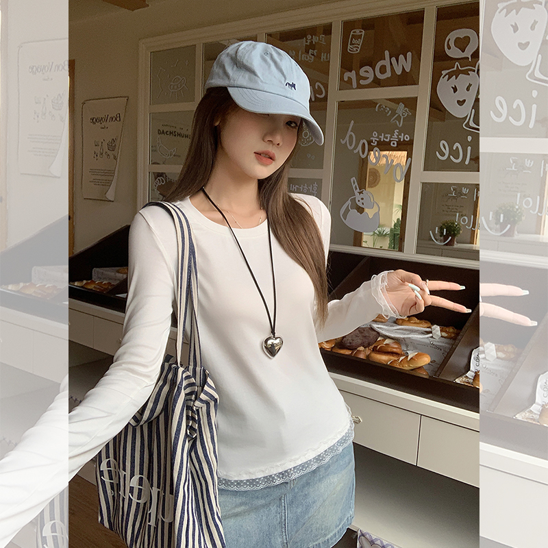 Real photo of white long-sleeved T-shirt for women in spring slim lace splicing inner base shirt versatile round neck base shirt