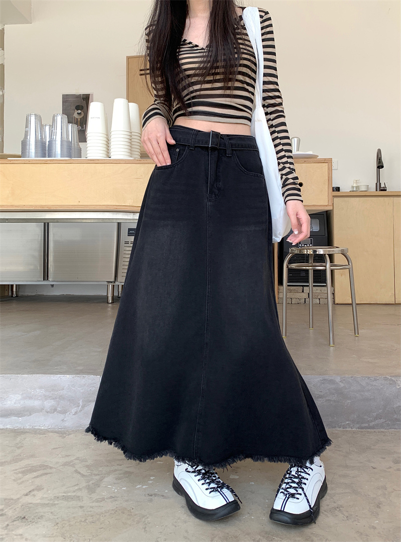 實拍復古中長款魚尾裙春秋款牛仔裙女高腰顯瘦A字遮跨包臀半身裙