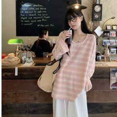 Original fabric workmanship Korean striped splicing loose unique top long sleeve T-shirt sunscreen air conditioning shirt for women