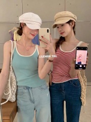 撞色條紋修身百搭外穿針織背心女夏內搭韓版短款打底紅色吊帶