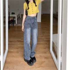 American retro high street ins design jeans for women in spring and autumn loose straight slim high waist wide-leg jeans