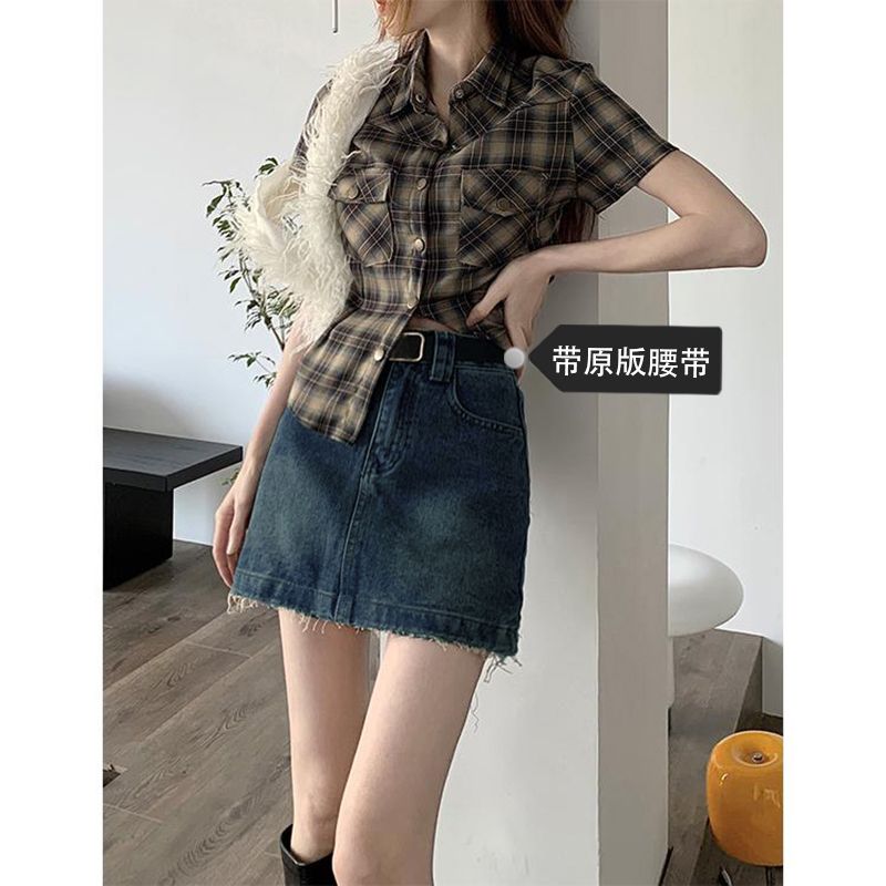 Korean style retro A-line denim skirt spring and summer new fur-edged short skirt Korean style ins denim hip half-body denim skirt