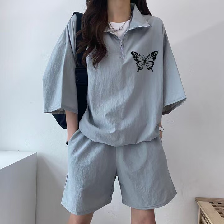 2025休閒運動服套裝女夏季蝴蝶印花新款短袖短褲跑步兩件