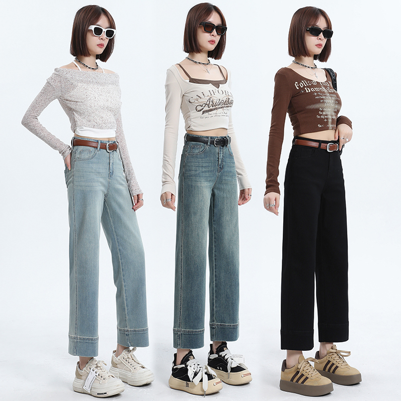 Nostalgic blue nine-point straight-leg pants design smoky pants jeans fashionable leather brand high waist slimming versatile set-up pants